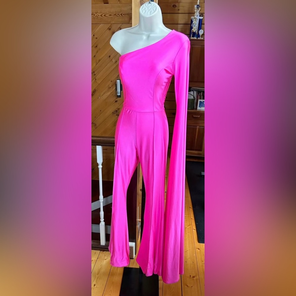 Jessica Angel, Pink Jumpsuit asymmetric collar split sleeve size 0 side zipper.